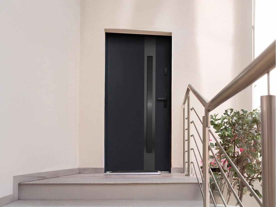 vente unique Porte d'entrée en acier pleine et inox H207 x L100 cm - verre fumé - noir et anthracite - poussant gauche - BRAGA