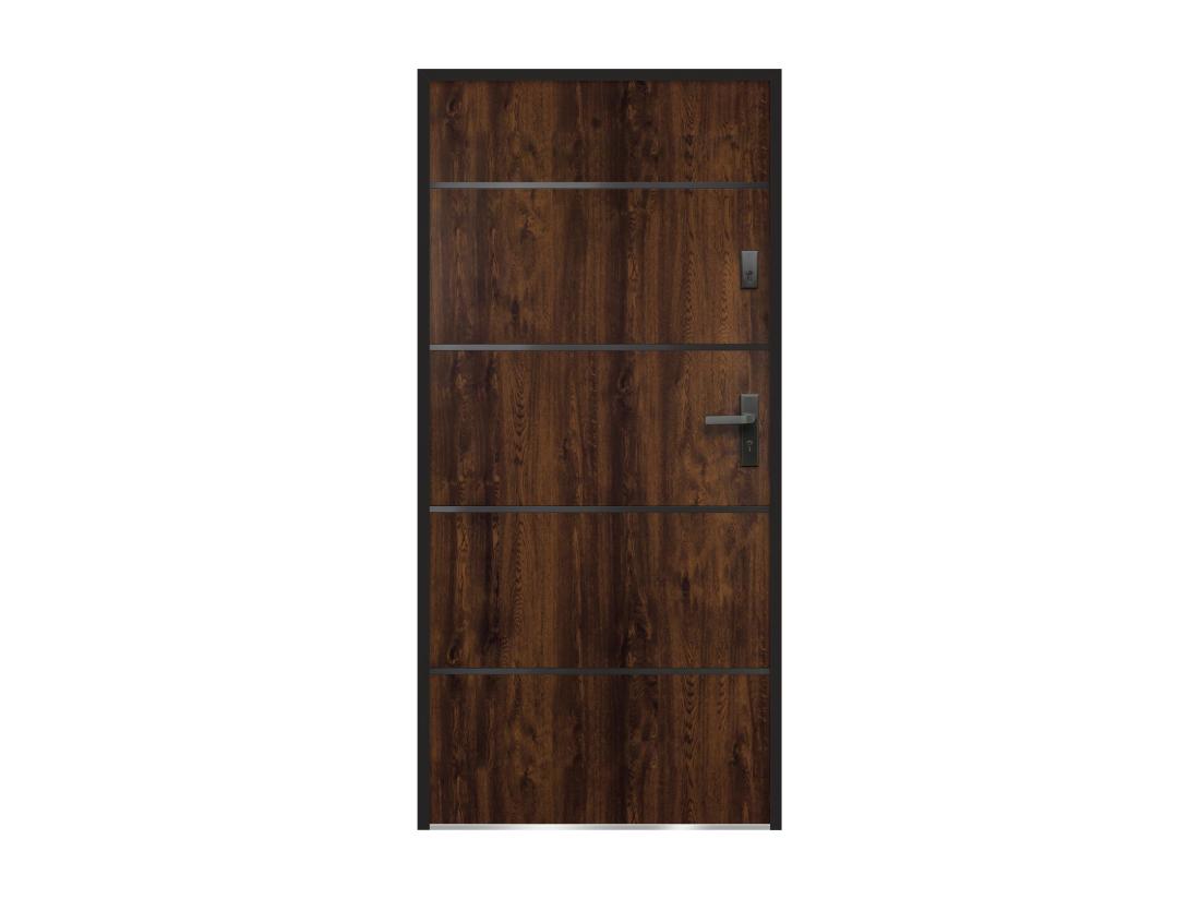 Vente Unique Porte D'entrée En Acier Pleine Et Inox H207 X L100 Cm Naturel Foncé - Poussant Gauche - NAXARA