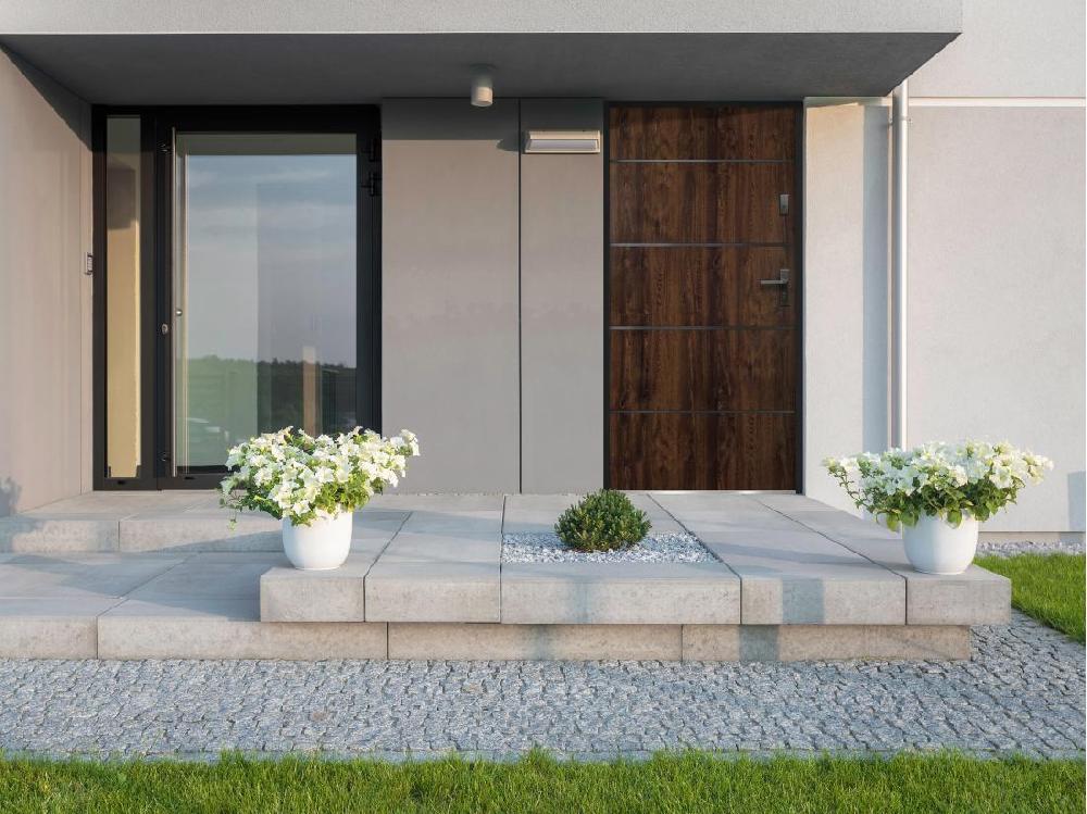 vente unique Porte d'entrée en acier pleine et inox H207 x L100 cm naturel foncé - poussant gauche - NAXARA