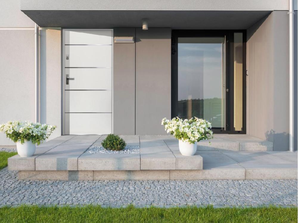 vente unique Porte d'entrée en acier pleine et inox H207 x L100 cm blanc - poussant droit - NAXARA