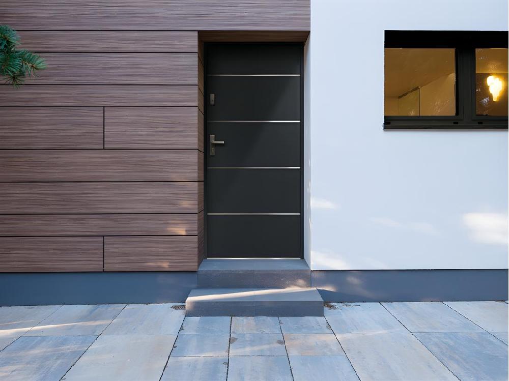 Vente Unique Porte D'entrée En Acier Pleine Et Inox H207 X L100 Cm Anthracite - Poussant Droit - NAXARA