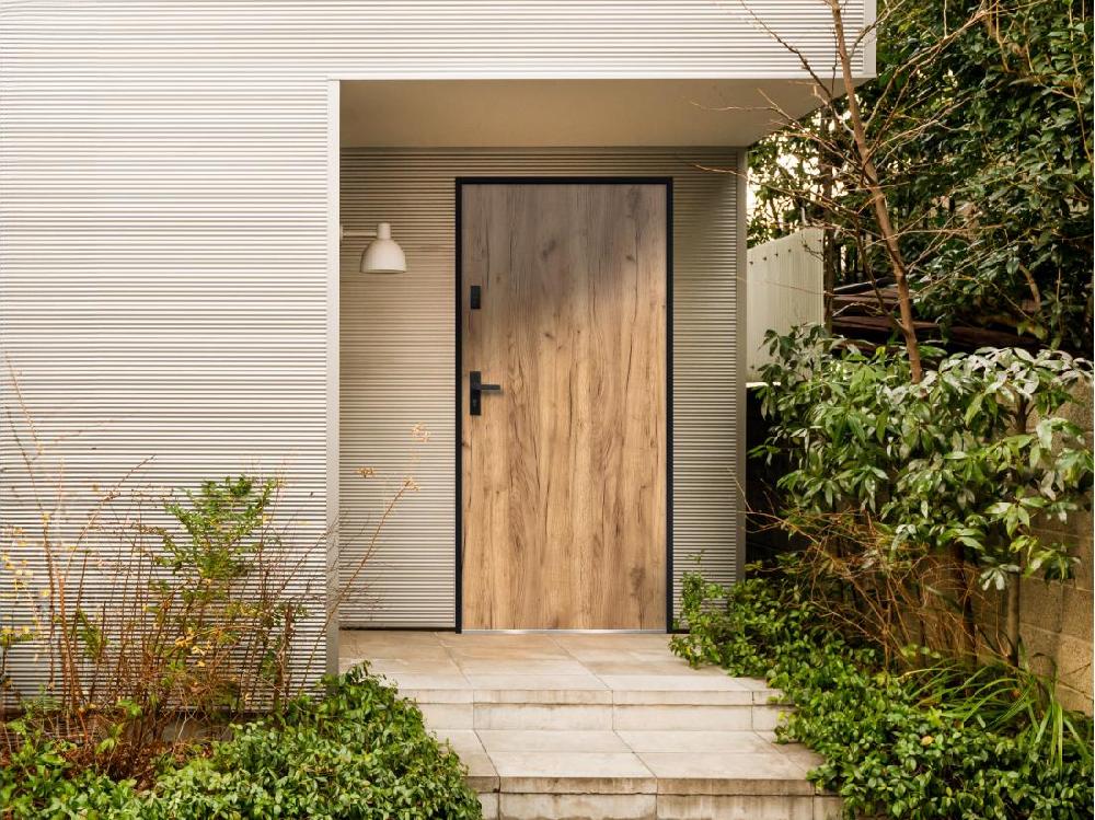 vente unique Porte d'entrée en acier pleine H207 x L100 cm effet chêne - poussant droit - AGUEDA