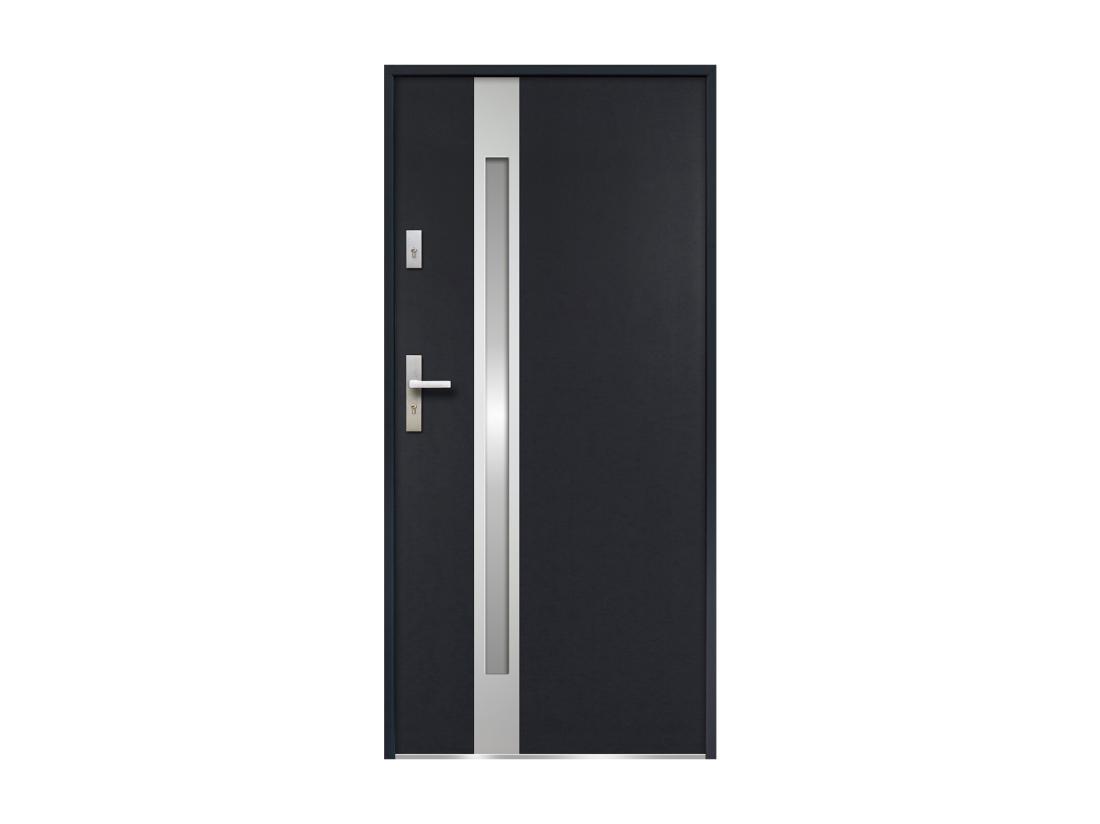 Vente Unique Porte D'entrée En Acier Vitrée Avec Inox H207 X L100 Cm - Verre Dépoli - Anthracite - Poussant Droit - BRAGA