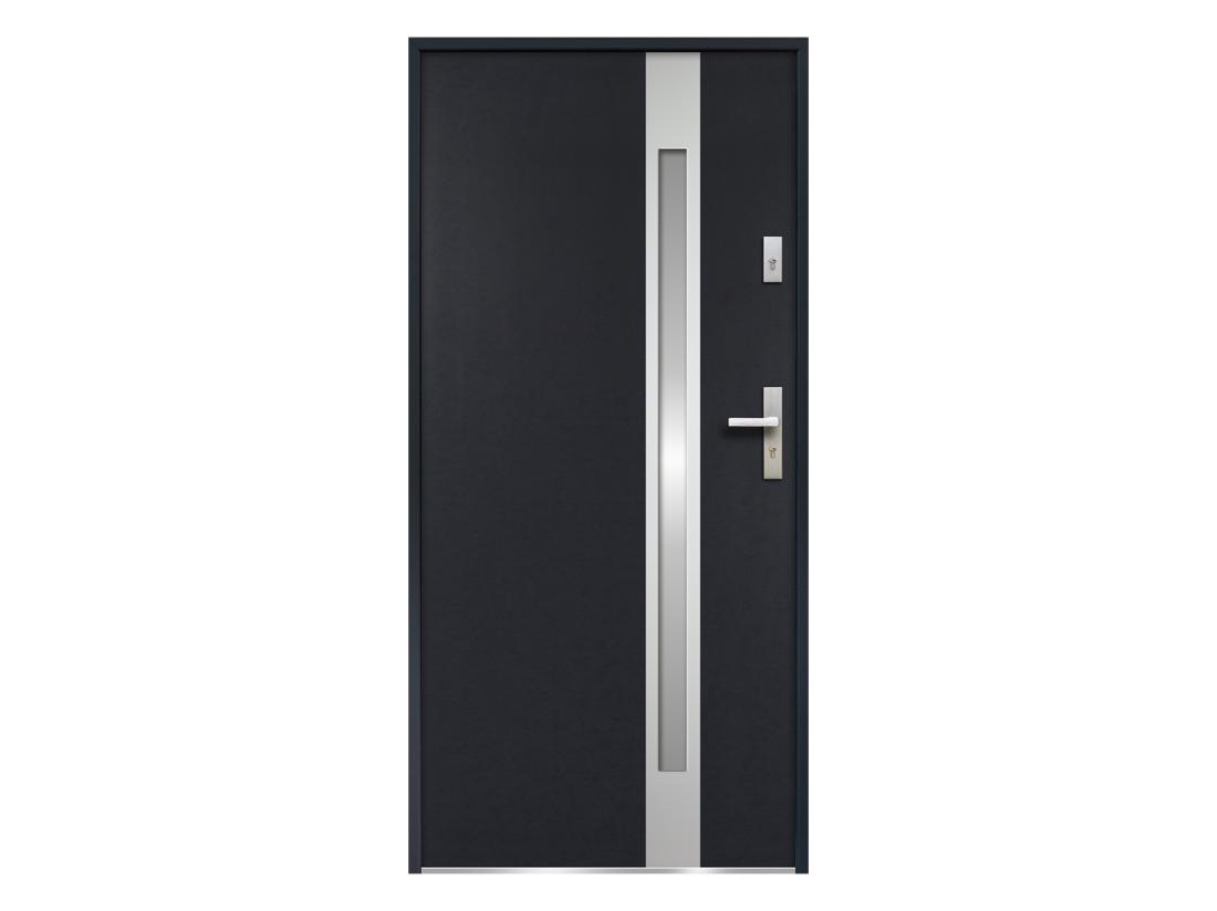 Vente Unique Porte D'entrée En Acier Vitrée Avec Inox H207 X L100 Cm - Verre Dépoli - Anthracite - Poussant Gauche - BRAGA