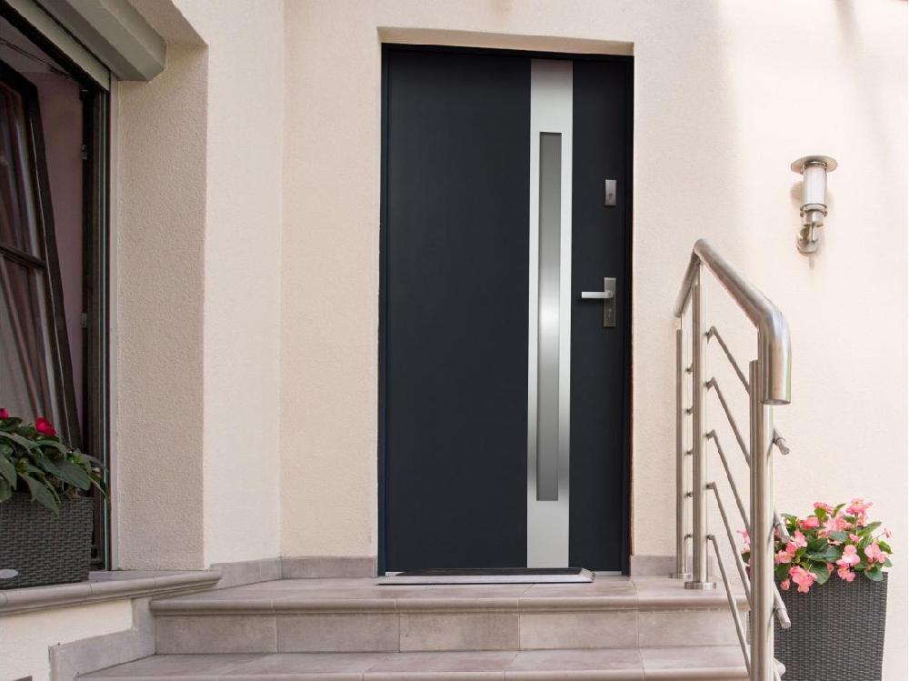 vente unique Porte d'entrée en acier vitrée avec inox H207 x L100 cm - verre dépoli - anthracite - poussant gauche - BRAGA