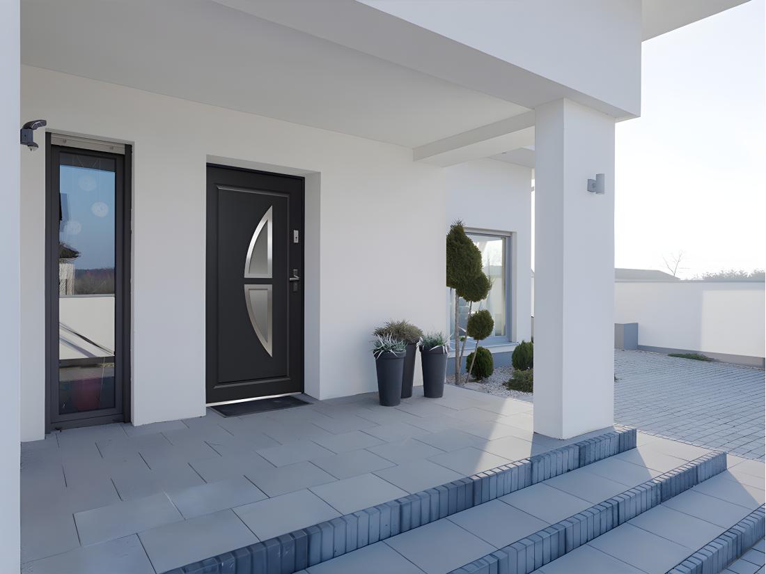 vente unique Porte d'entrée en acier vitrée avec inox H207 x L100 cm anthracite - poussant gauche - COVAS