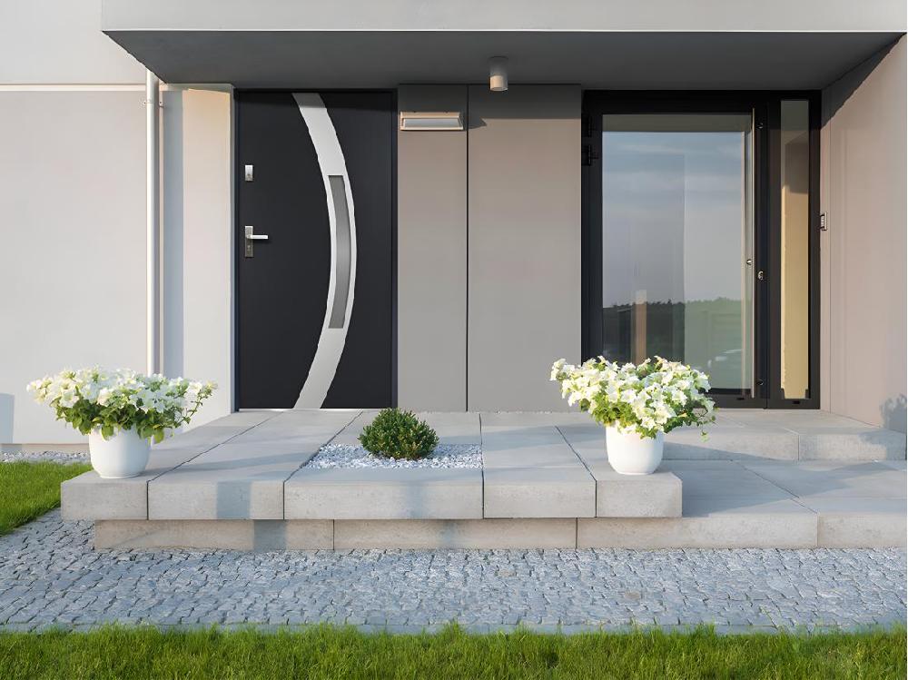 vente unique Porte d'entrée en acier vitrée avec inox H207 x L100 cm anthracite - poussant droit - TROFA