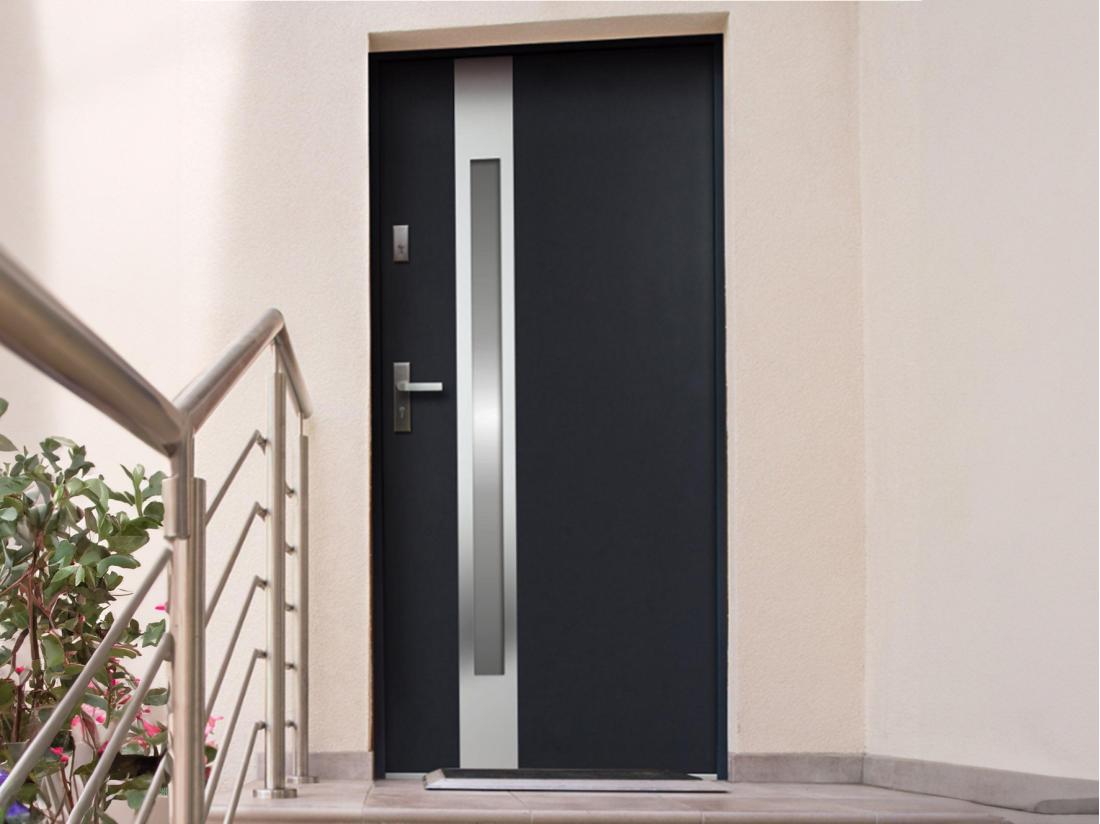 vente unique Porte d'entrée en acier vitrée avec inox H207 x L100 cm - verre dépoli - anthracite - poussant droit - BRAGA