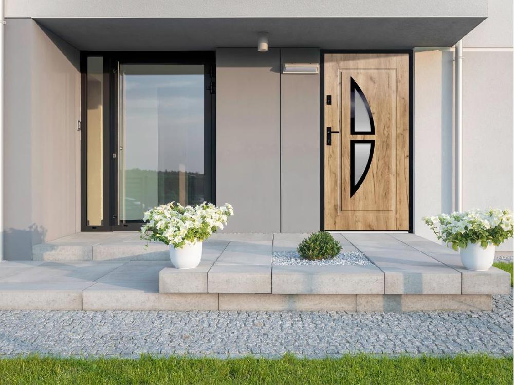 vente unique Porte d'entrée en acier vitrée et inox H207 x L100 cm effet chêne - poussant droit - COVAS