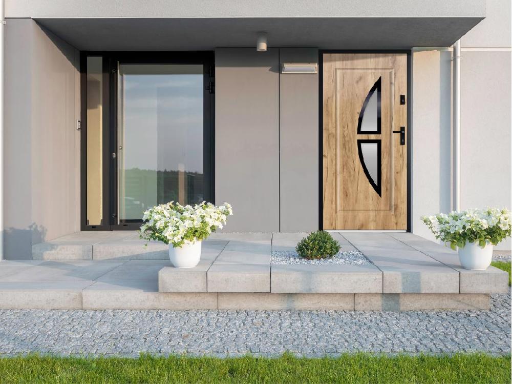 vente unique Porte d'entrée en acier vitrée et inox H207 x L100 cm effet chêne - poussant gauche - COVAS