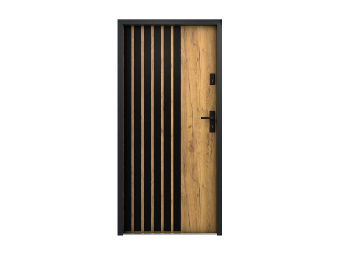 Vente Unique Porte D'entrée Pleine En Acier H207 X L100 Cm - Effet Chêne Avec Rayures Noires - Poussant Gauche - COBRITA