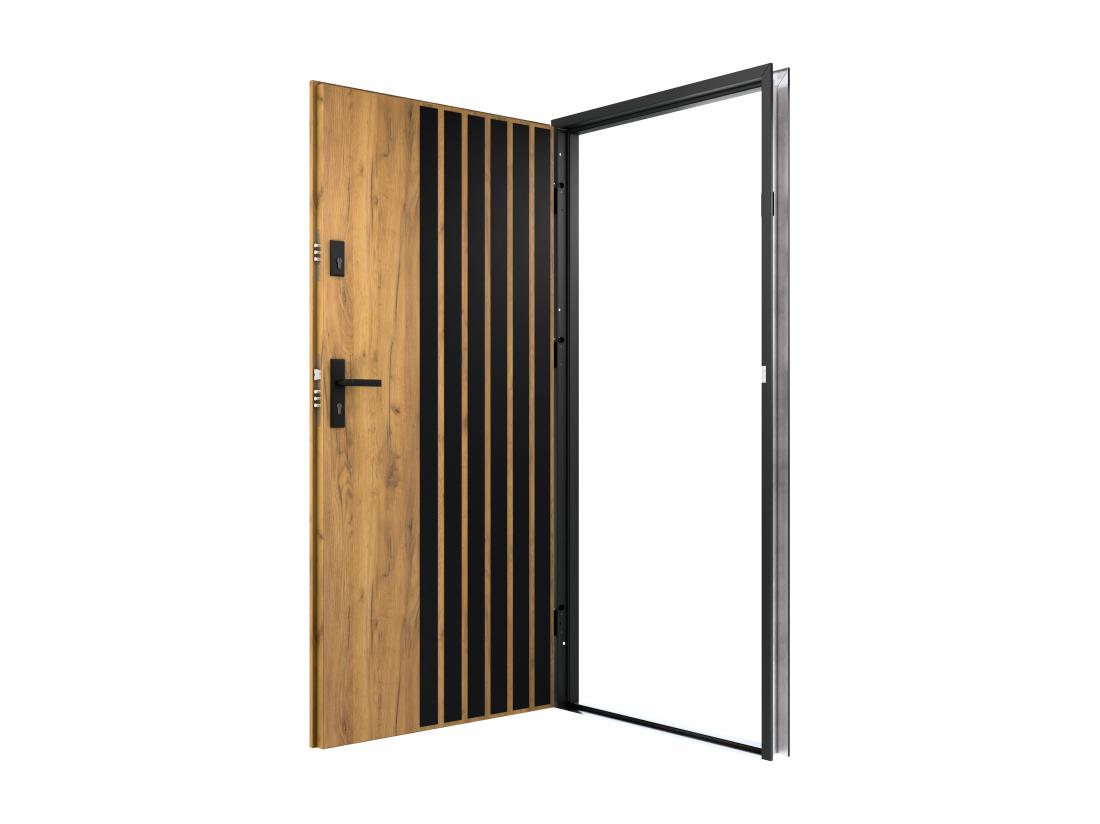 Vente Unique Porte D'entrée Pleine En Acier H207 X L100 Cm - Effet Chêne Avec Rayures Noires - Poussant Gauche - COBRITA