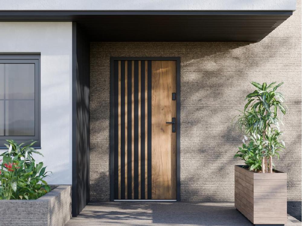 vente unique Porte d'entrée pleine en acier H207 x L100 cm - Effet chêne avec rayures noires - poussant gauche - COBRITA