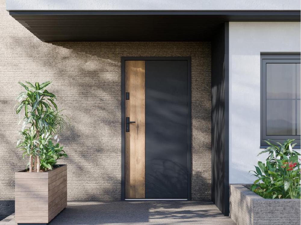vente unique Porte d'entrée pleine en acier H207 x L100 cm - Noir et effet chêne - poussant droit - MABENA