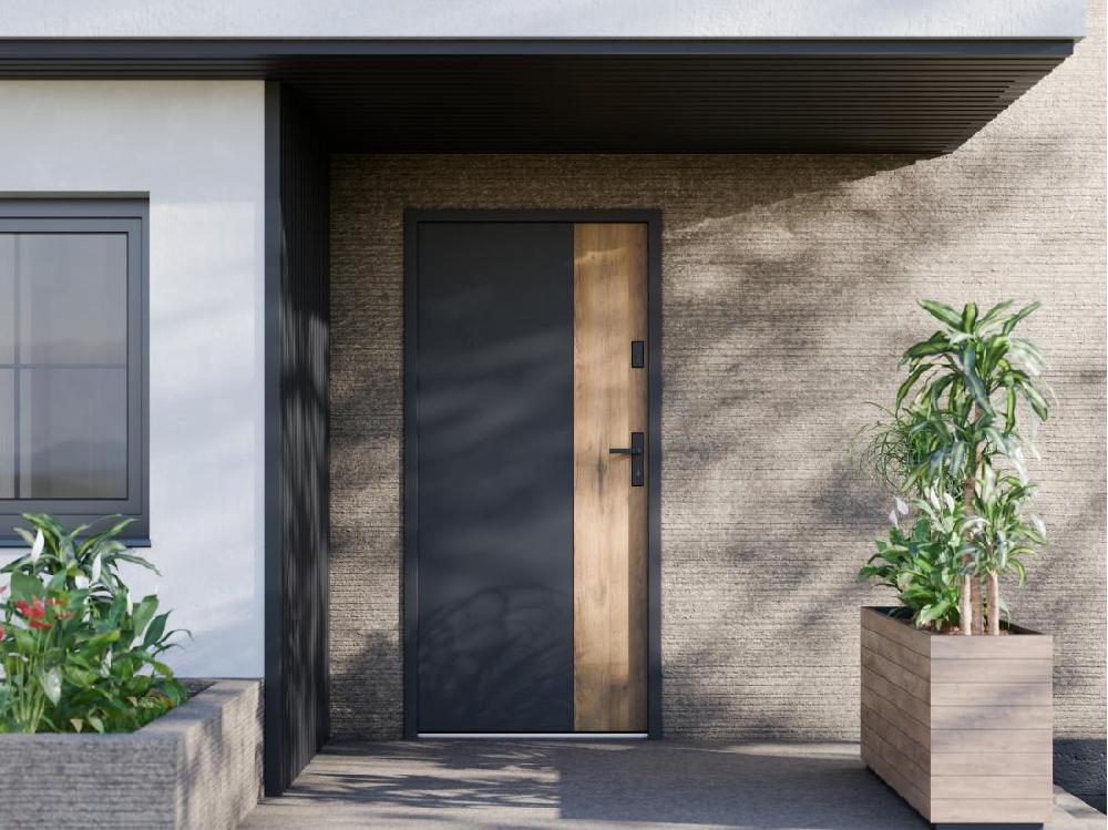 vente unique Porte d'entrée pleine en acier H207 x L100 cm - Noir et effet chêne - poussant gauche - MABENA