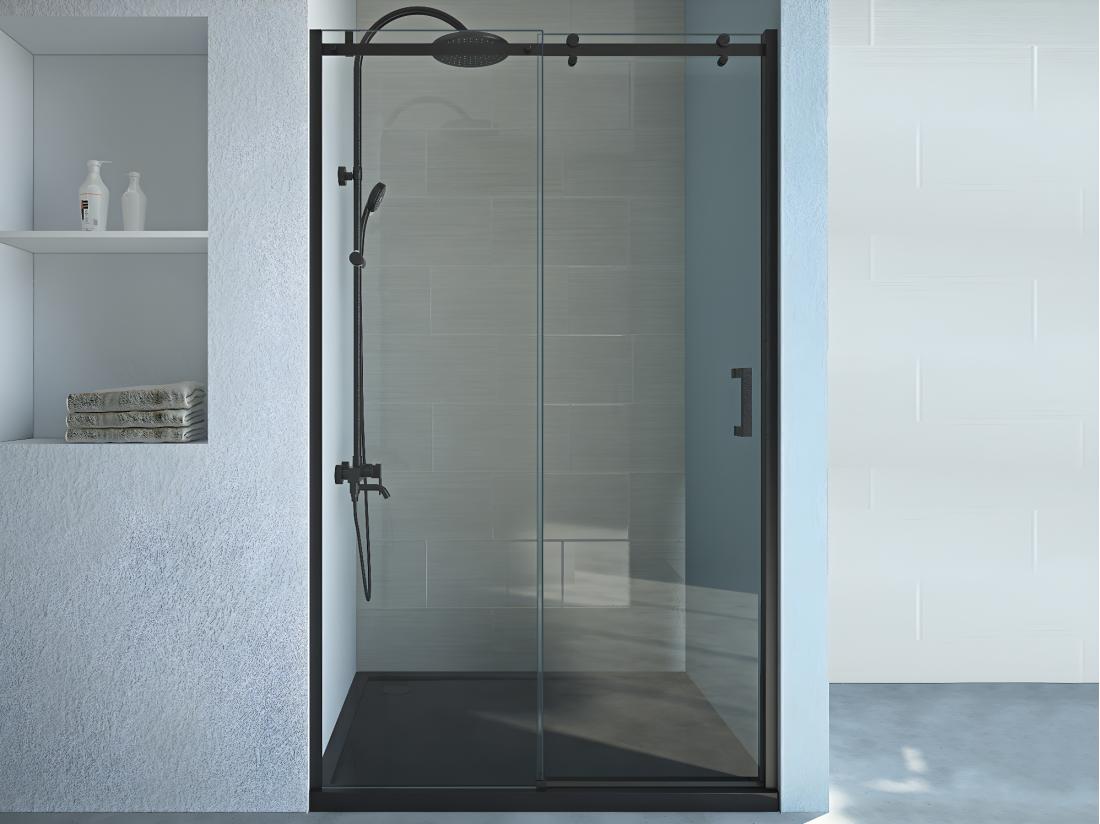vente unique Porte de douche coulissante avec roues noir mat style industriel - 120 x 195 cm - ANAKAO