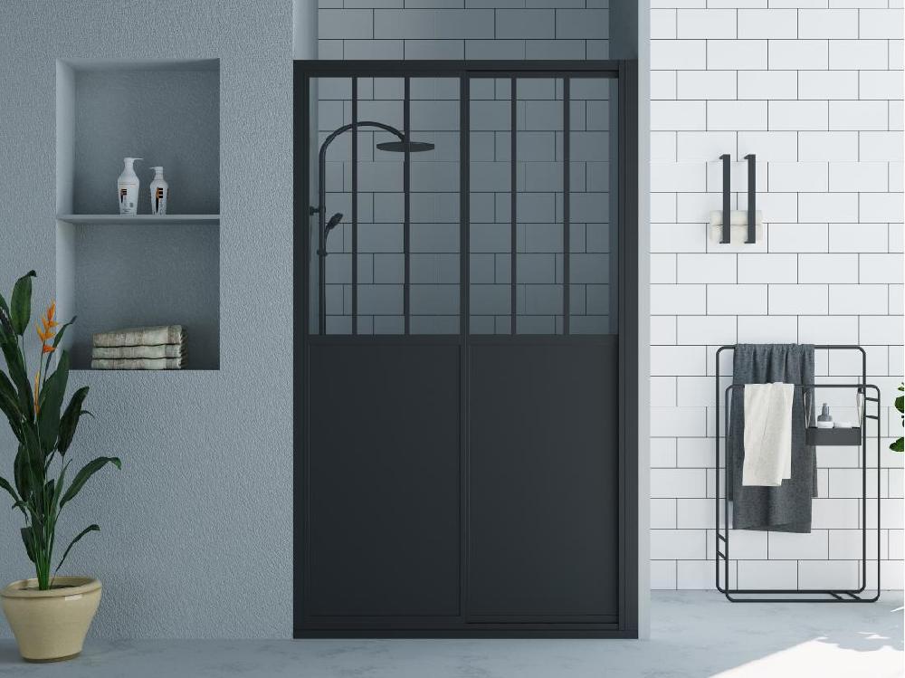 vente unique Porte de douche coulissante noir mat style atelier - 140 x 195 cm - URBANIK