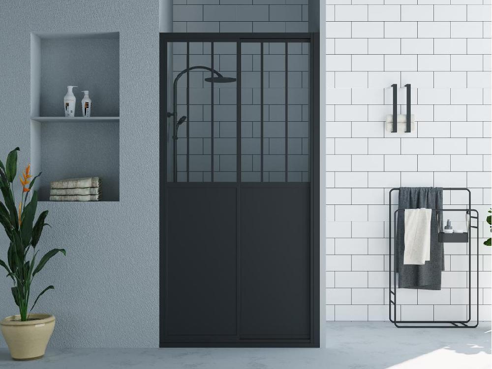 vente unique Porte de douche coulissante noir mat style atelier - 100 x 195 cm - URBANIK
