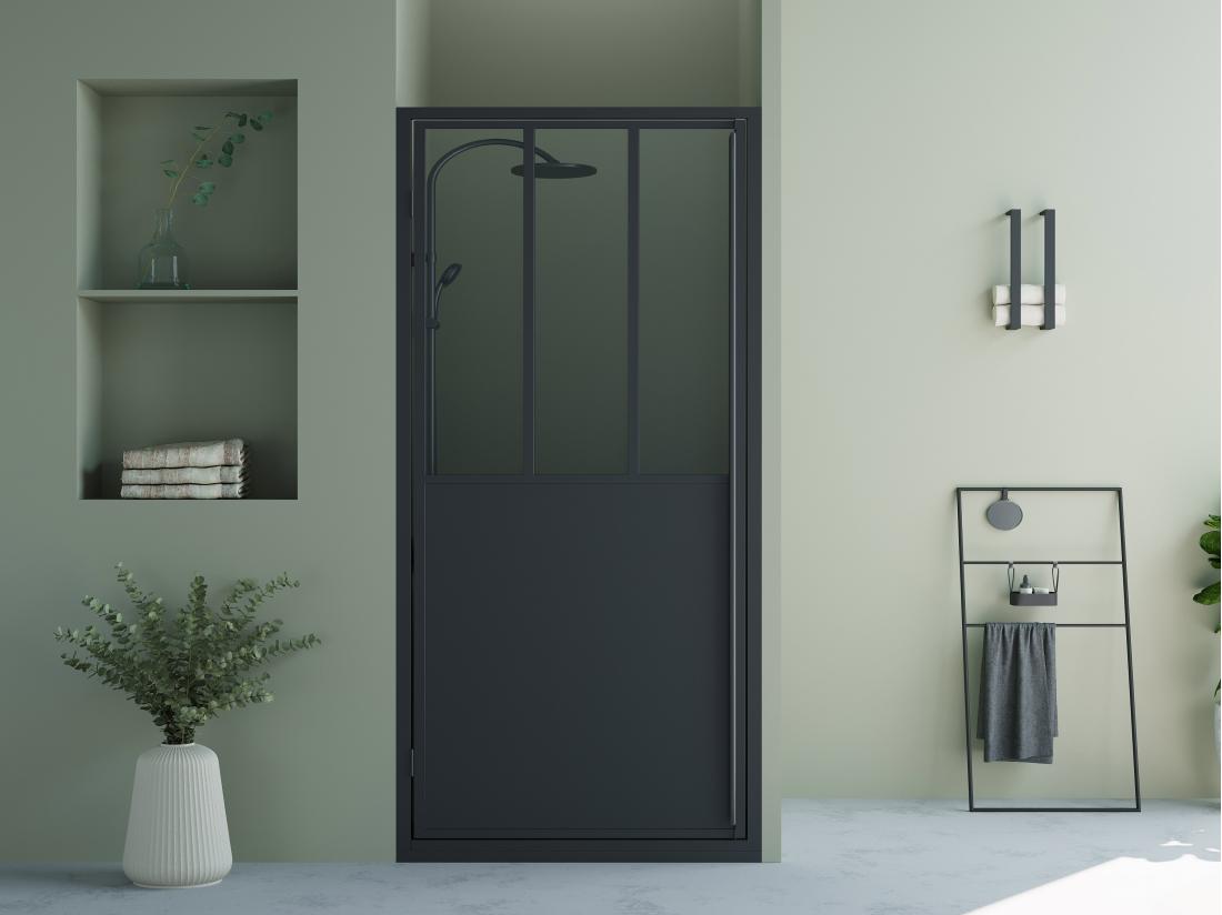 vente unique Porte de douche pivotante noir mat style atelier - 80 x 195 cm - URBANIK