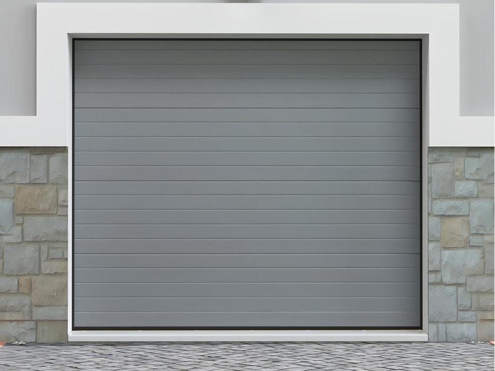 vente unique Porte de garage sectionnelle effet rainuré gris motorisée L254 x H218 cm - NORIA