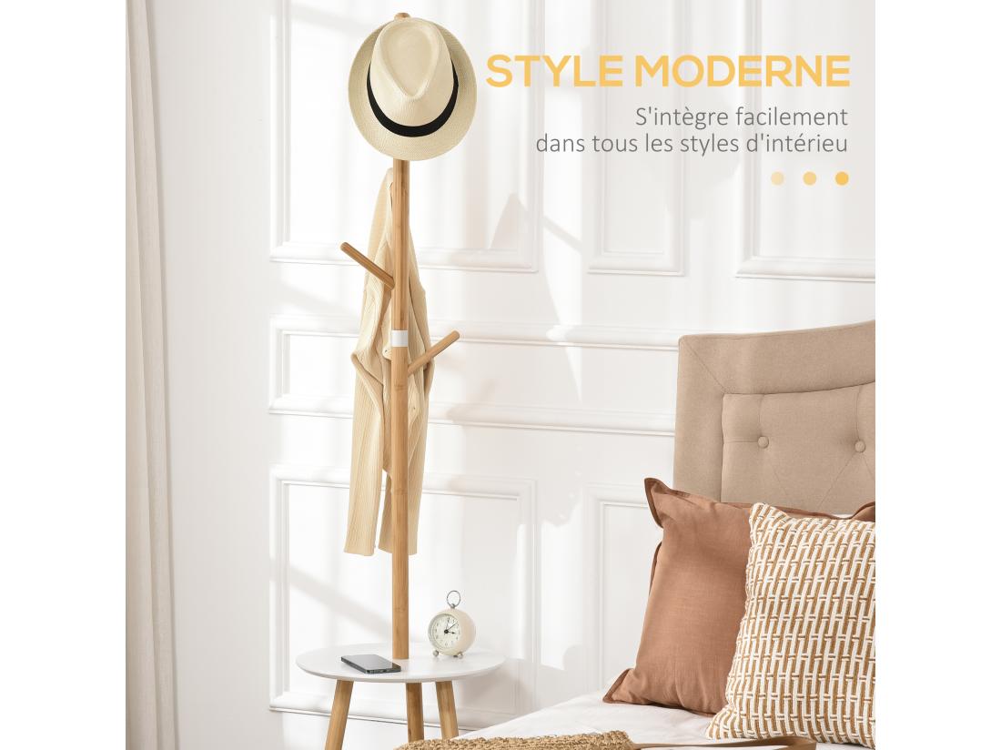 Vente Unique Porte-manteau Design Scandinave Branches 5 Patères 2 étagères MDF Blanc Bois Bambou Verni