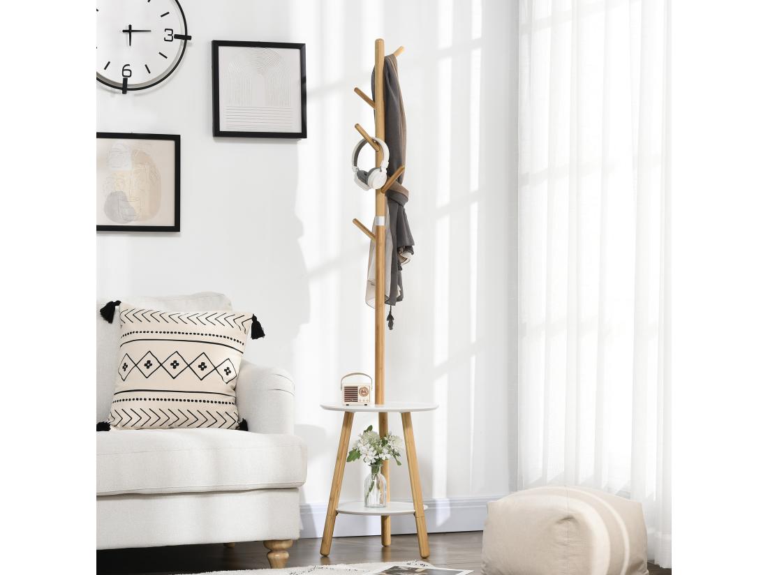 vente unique Porte-manteau design scandinave branches 5 patères 2 étagères MDF blanc bois bambou verni
