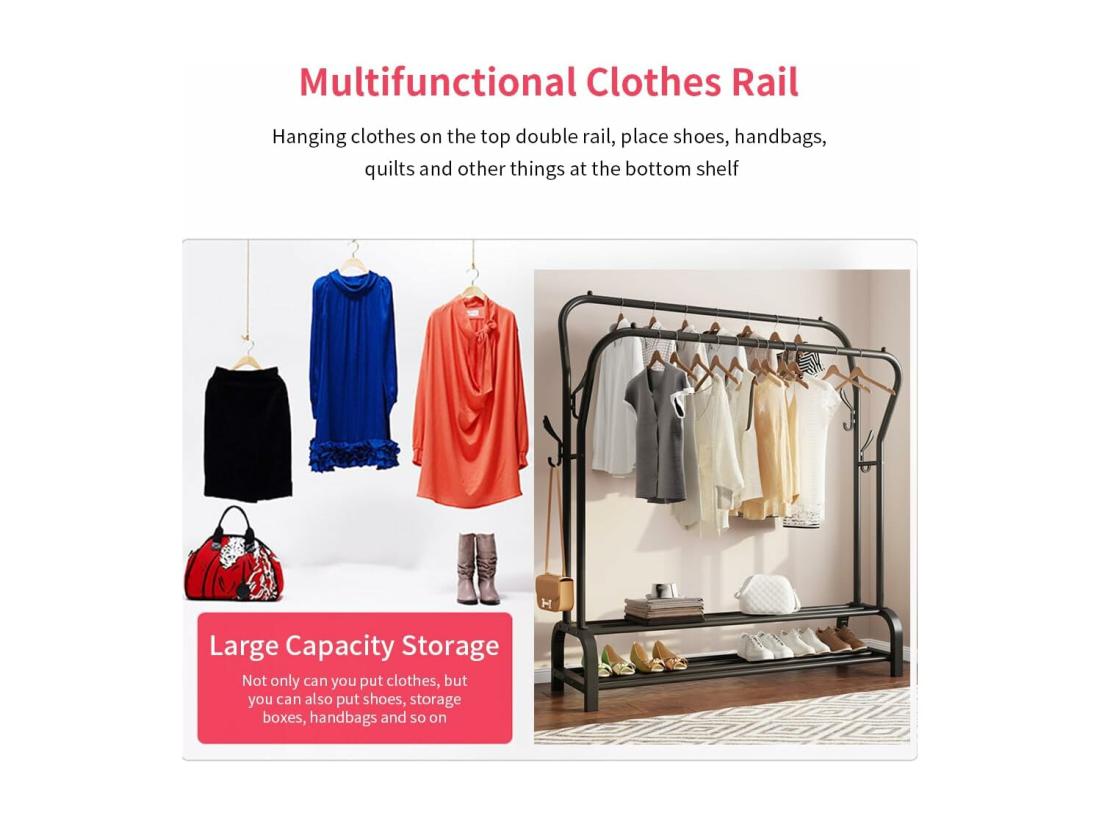 Vente Unique Porte-Manteau Portant-vêtements Double Avec étagère De Chaussures 4 Crochets Vestiaire 110x35x146cm - Noir