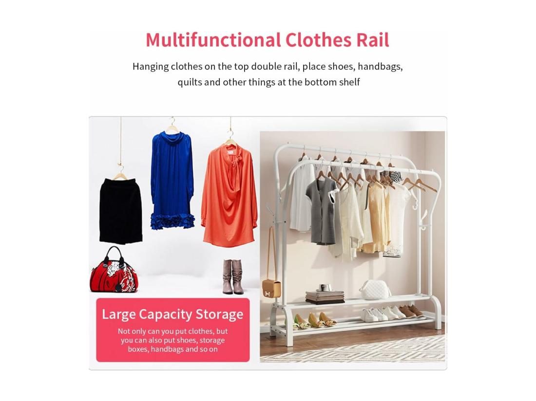 Vente Unique Porte-Manteau Portant-vêtements Double Avec étagère De Chaussures 4 Crochets Vestiaire 110x35x146cm - Blanc