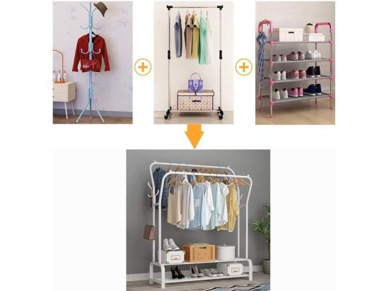 Vente Unique Porte-Manteau Portant-vêtements Double Avec étagère De Chaussures 4 Crochets Vestiaire 110x35x146cm - Blanc