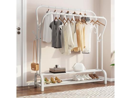 Vente Unique Porte-Manteau Portant-vêtements Double Avec étagère De Chaussures 4 Crochets Vestiaire 110x35x146cm - Blanc