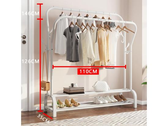 vente unique Porte-Manteau Portant-vêtements Double avec étagère de Chaussures 4 Crochets Vestiaire 110x35x146cm - Blanc
