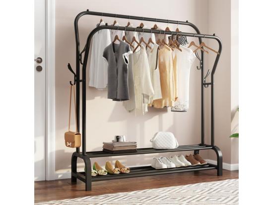 vente unique Porte-Manteau Portant-vêtements Double avec étagère de Chaussures 4 Crochets Vestiaire 110x35x146cm - Noir