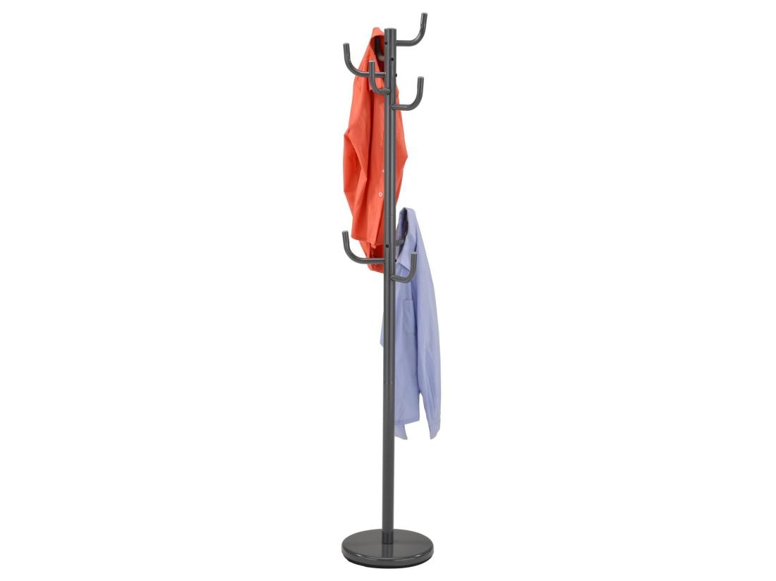 vente unique Porte-manteaux MILA portant pour vêtements sur pied hauteur 174 cm socle rond et 8 crochets meuble d'entrée en métal laqué gris