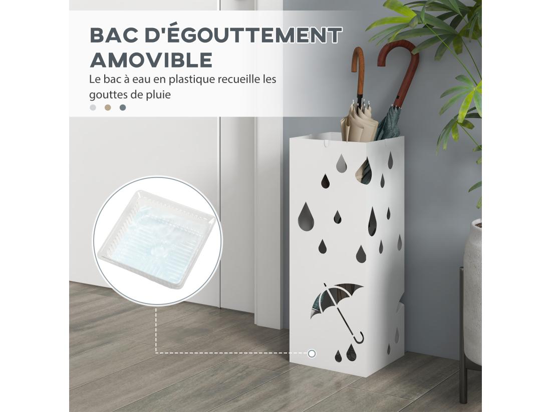 Vente Unique Porte-parapluie Design - Support à Parapluie H. 41 Cm - 4 Crochets Bac à Eau - Acier Blanc