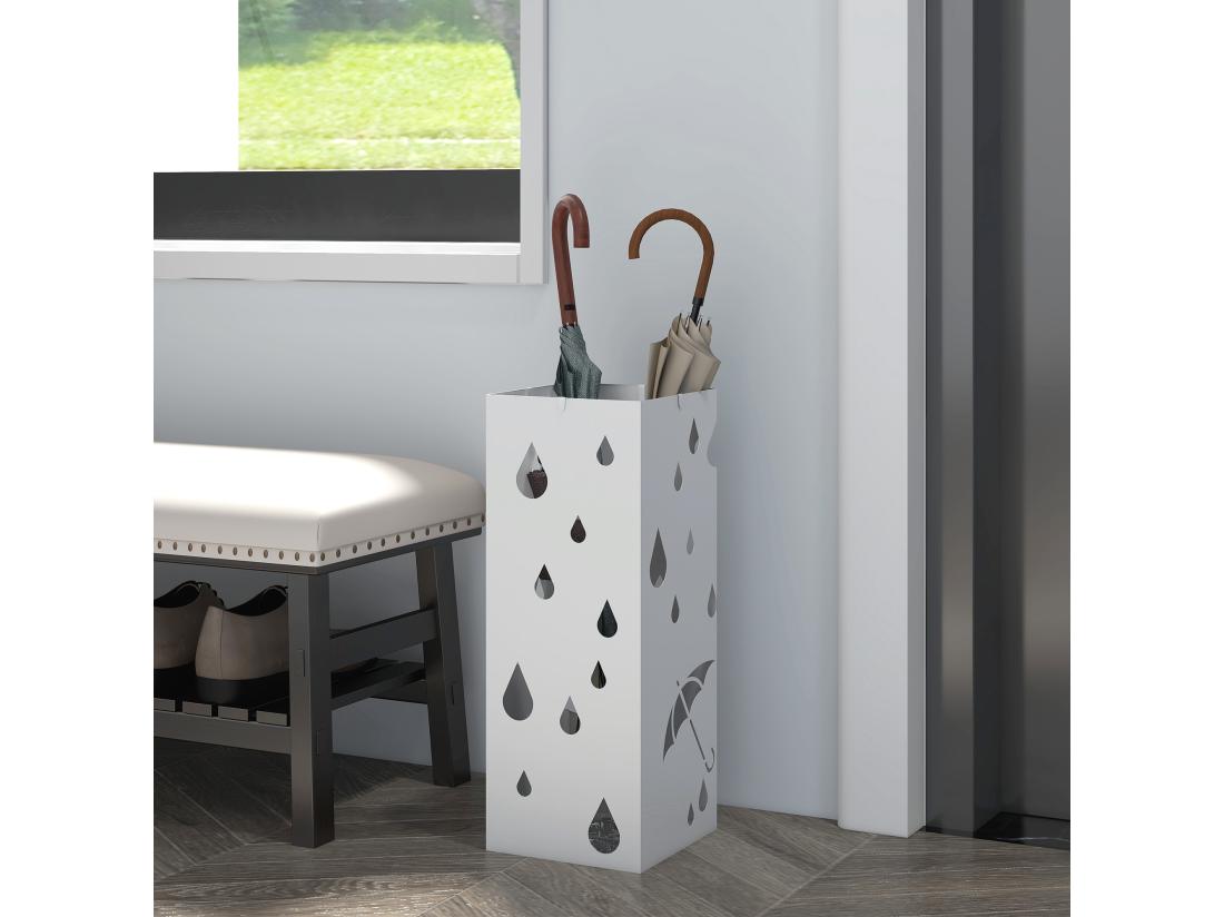 Vente Unique Porte-parapluie Design - Support à Parapluie H. 41 Cm - 4 Crochets Bac à Eau - Acier Blanc