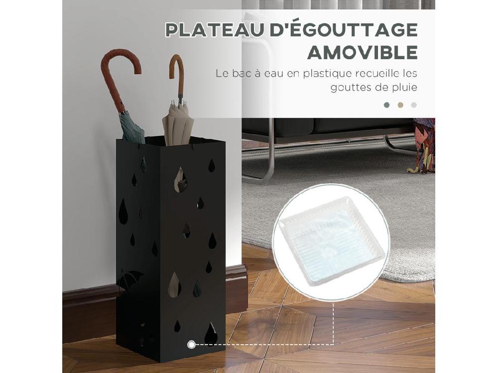 Vente Unique Porte-parapluie Design - Support à Parapluie H. 41 Cm - 4 Crochets Bac à Eau - Acier Noir