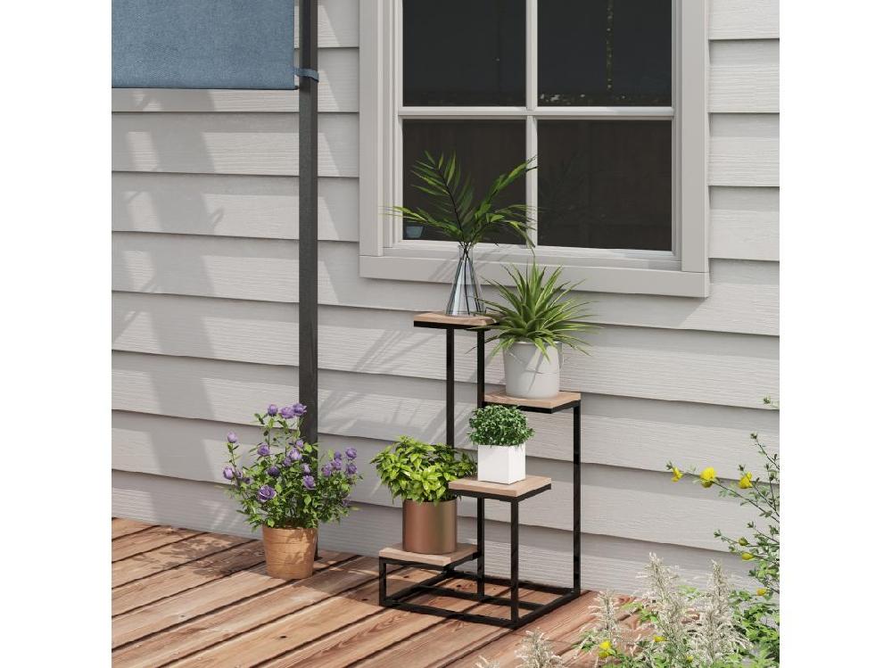 Vente Unique Porte-plantes Style Industriel 4 étagères - Dim. 40L X 40l X 75H Cm - Acier Noir Bois Sapin Verni