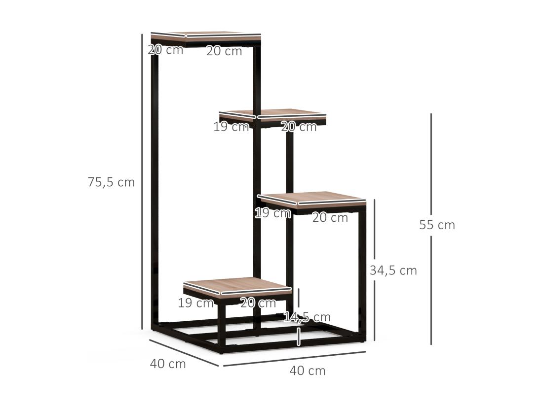 Vente Unique Porte-plantes Style Industriel 4 étagères - Dim. 40L X 40l X 75H Cm - Acier Noir Bois Sapin Verni