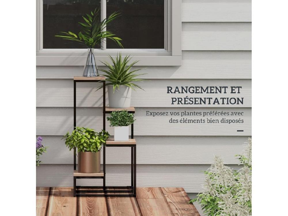 vente unique Porte-plantes style industriel 4 étagères - dim. 40L x 40l x 75H cm - acier noir bois sapin verni