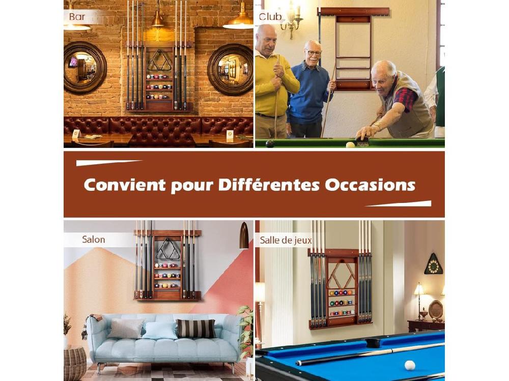 Vente Unique Porte-Queues De Billard Mural Support De Billard 8 Queues Et Rainures à 3 Niveaux 15 Porte-balles 1 Porte-boules En Bois De Pin Pour Salle De Billard Club (Marron)