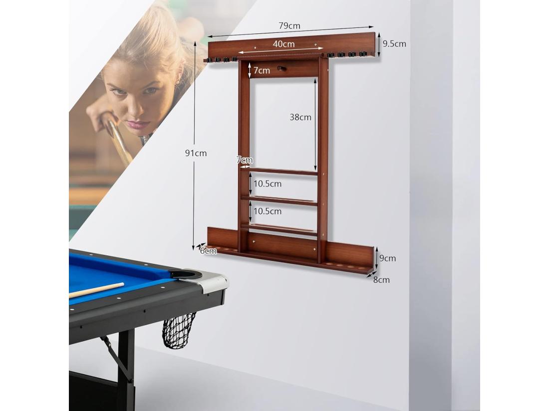 Vente Unique Porte-Queues De Billard Mural Support De Billard 8 Queues Et Rainures à 3 Niveaux 15 Porte-balles 1 Porte-boules En Bois De Pin Pour Salle De Billard Club (Marron)