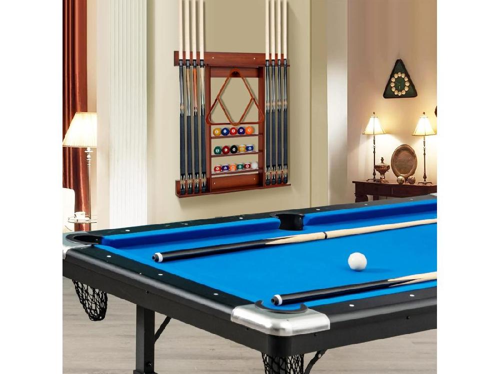 Vente Unique Porte-Queues De Billard Mural Support De Billard 8 Queues Et Rainures à 3 Niveaux 15 Porte-balles 1 Porte-boules En Bois De Pin Pour Salle De Billard Club (Marron)