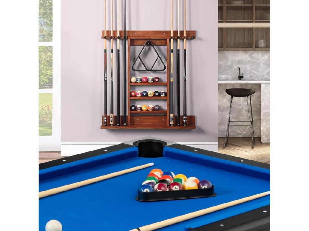 vente unique Porte-Queues de Billard Mural Support de Billard 8 Queues et Rainures à 3 Niveaux 15 Porte-balles 1 Porte-boules en Bois de Pin pour Salle de Billard Club (Marron)