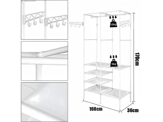Vente Unique Porte-Vêtements Métallique 4 En 1 Avec 6 étagères 2 Tringles Et Crochets 108x36x170cm