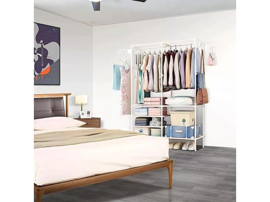 vente unique Porte-Vêtements Métallique 4 en 1 avec 6 étagères 2 Tringles et crochets 108x36x170cm