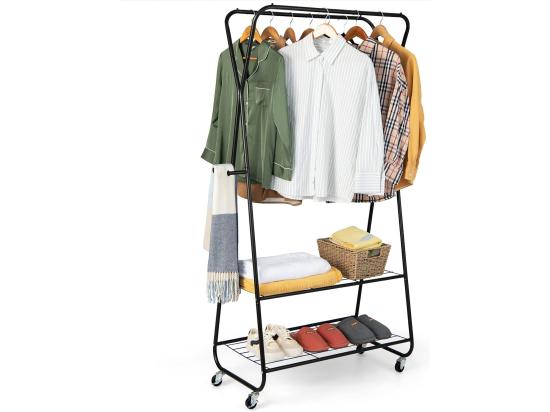 Vente Unique Porte-vêtements Sur Roulettes Portant à Vêtement En Métal Avec 2 Étagères 2 Tringles 4 Crochets Hauteur 170cm Porte-Manteau Pour Chambre Dortoir Apartment Noir