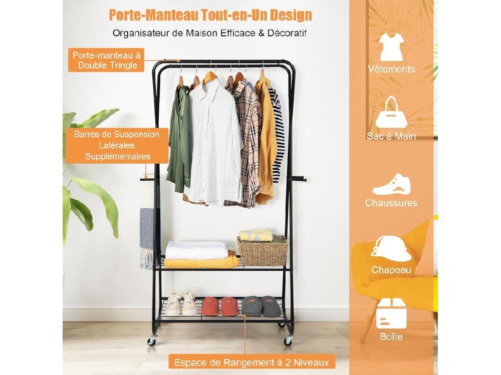 vente unique Porte-vêtements sur Roulettes Portant à Vêtement en Métal avec 2 Étagères 2 Tringles 4 Crochets Hauteur 170cm Porte-Manteau pour Chambre Dortoir Apartment Noir