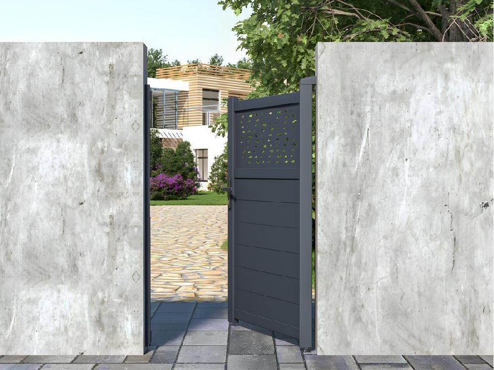 vente unique Portillon battant aluminium semi plein à motifs L103 x H166 cm anthracite - BAZIO