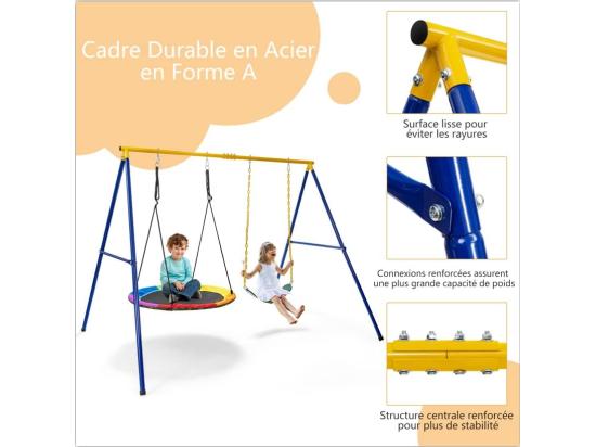 Vente Unique Portique Avec Balançoire Nid D'Oiseau Ronde Ø100CM Balançoire Ceinture 1 2m Pour Enfant Charge 300KG 2 Méthodes De Fixation