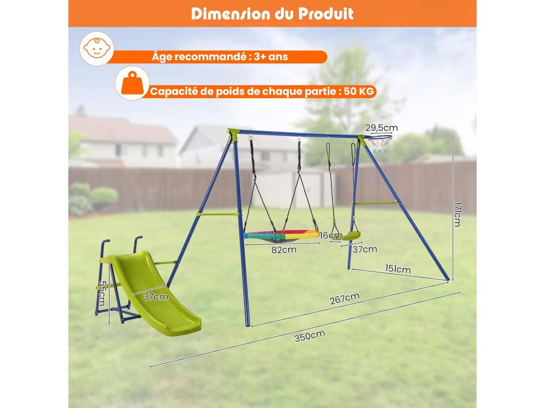 Vente Unique Portique De Balançoire 4 En 1 Avec Toboggan & Panier De Basket Balançoire Nid D'Oiseau Ø82 Cm Et En U Avec Hauteur Réglable Charge 50kg Pour 4 Enfants De 3-12 Ans